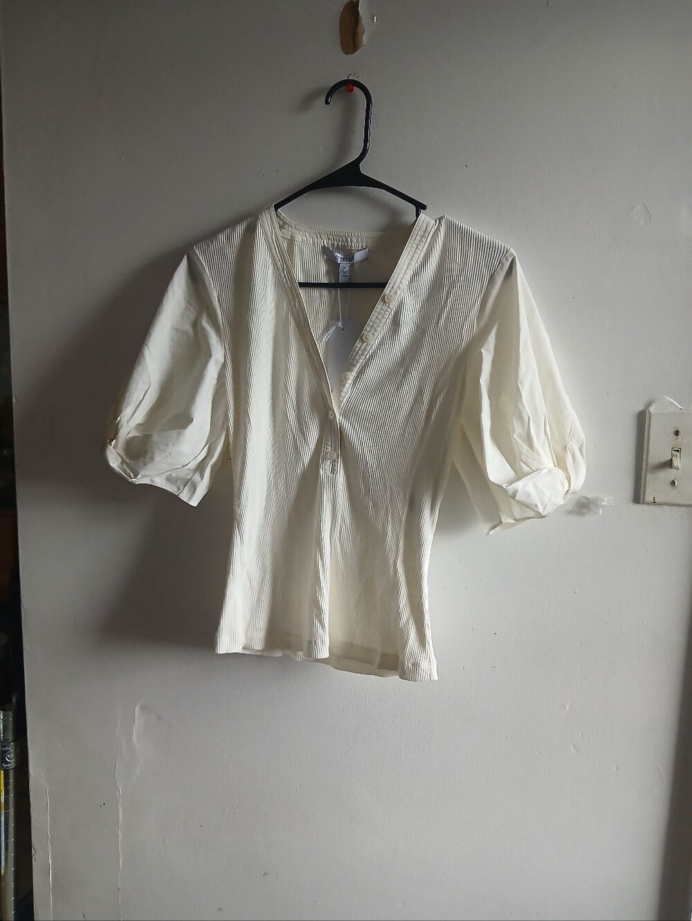Derek Lam Ivory V-Neck Puff Sleeve Top